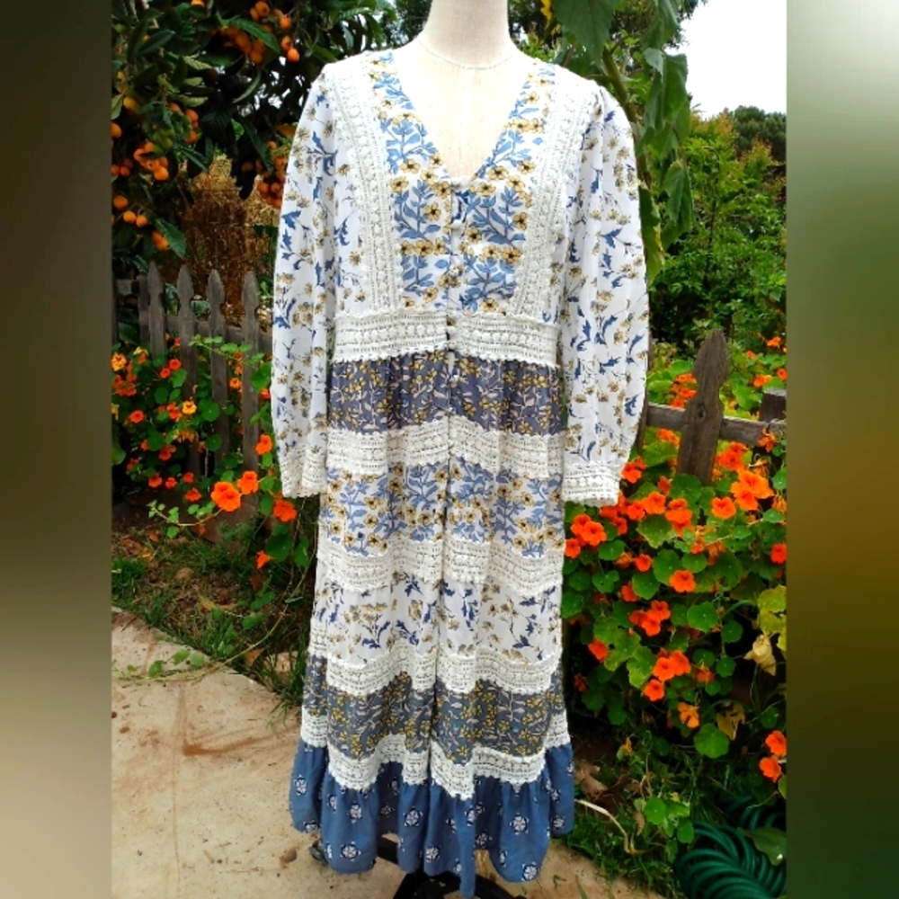 Anthropologie Prairie Dress Cottagecore Peasant Floral 12 Crochet Boho Maxi Lace - Picture 11 of 16